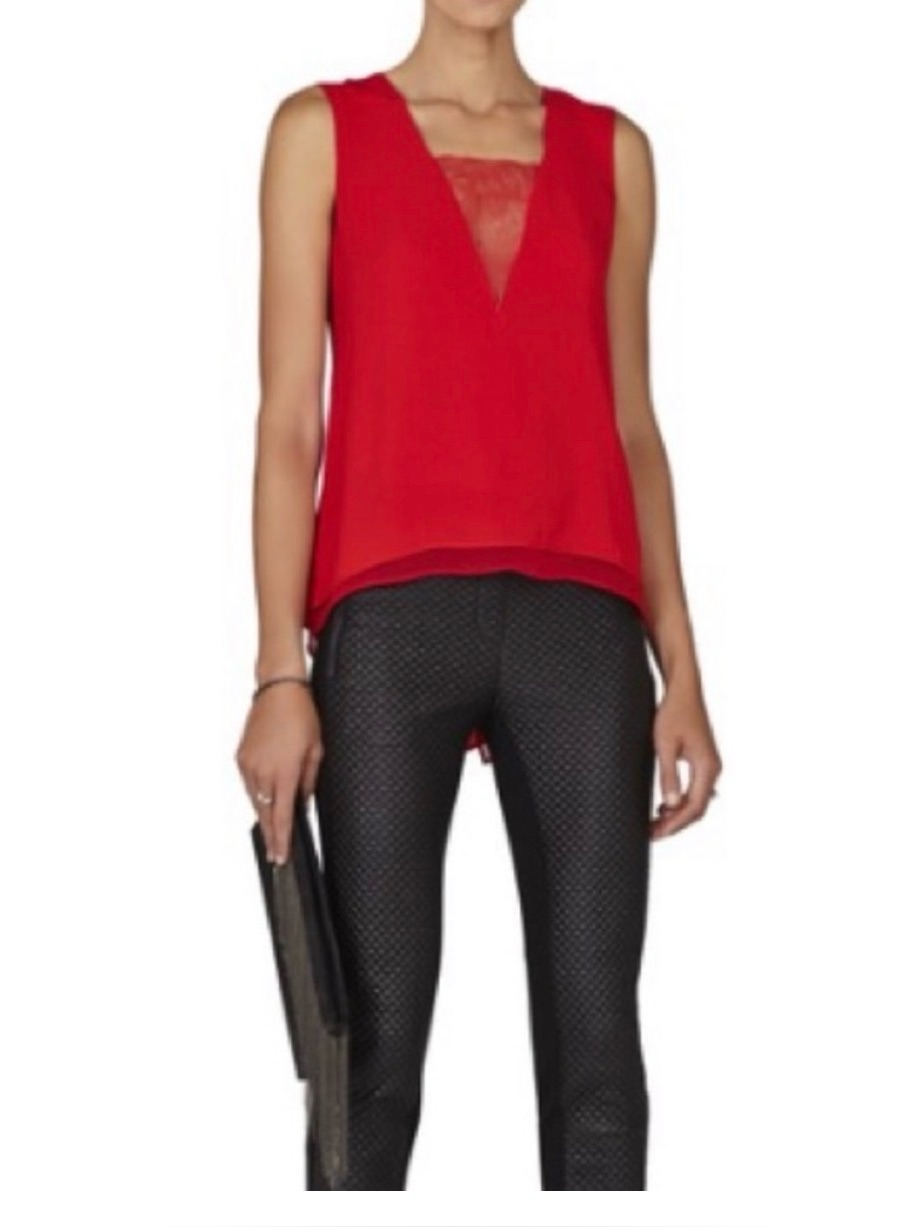 Bcbg Red V-Neck Lace Inset Sleeveless Top